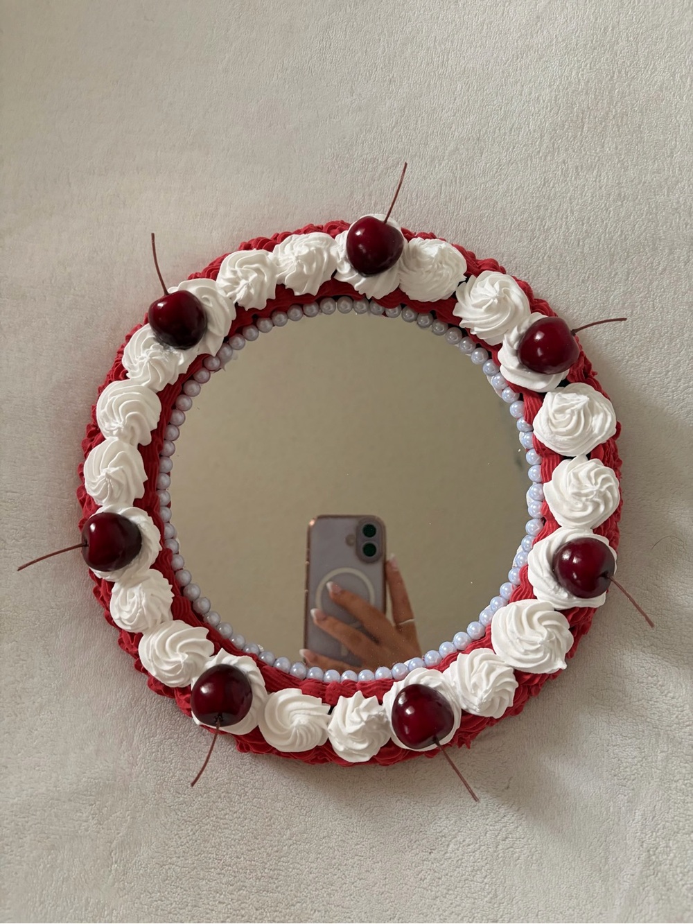 Red & White Decorative Cherry Round Wall Mirror - Unbranded